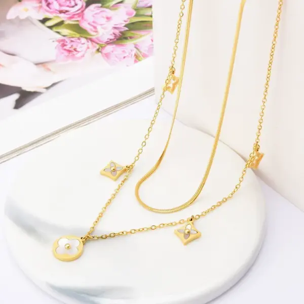 Double-Layer Flat Snake Collarbone Chain Necklace with Irregular Four-Leaf Flower Pendant - Image 2