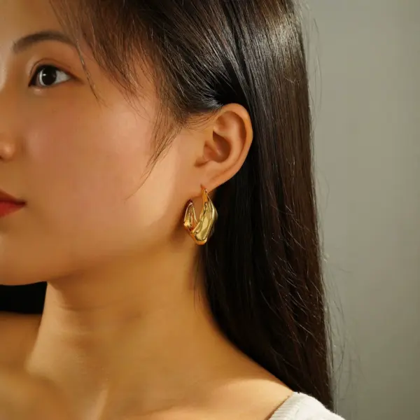 Asymmetrical Textured Metal Hoop Earrings - Cold Tone Aesthetic - Image 2
