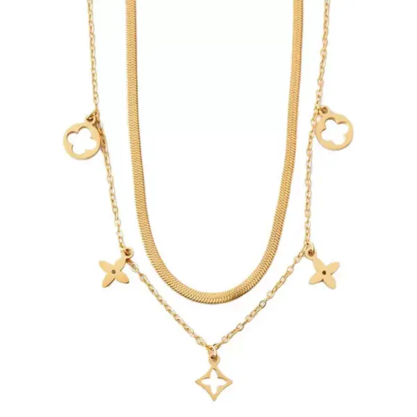 Double-Layer Flat Snake Collarbone Chain Necklace with Irregular Four-Leaf Flower Pendant - Image 4