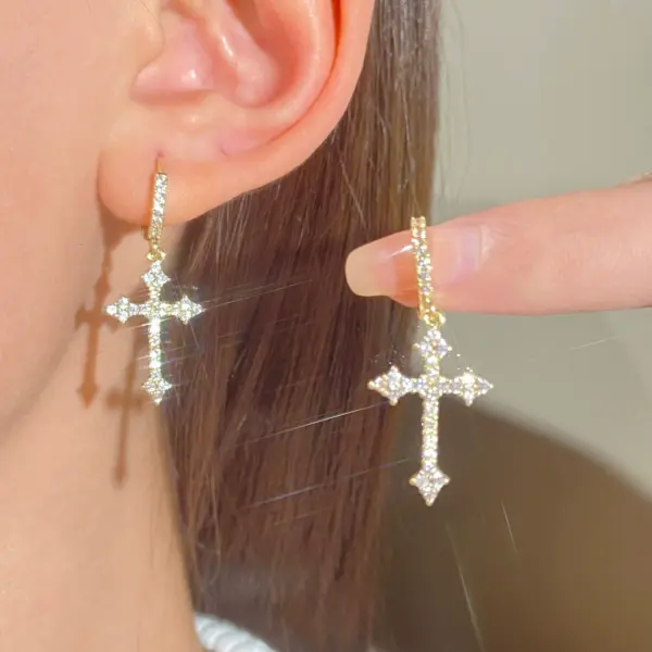 Diamond-Encrusted Cross Earrings for Women - Image 2